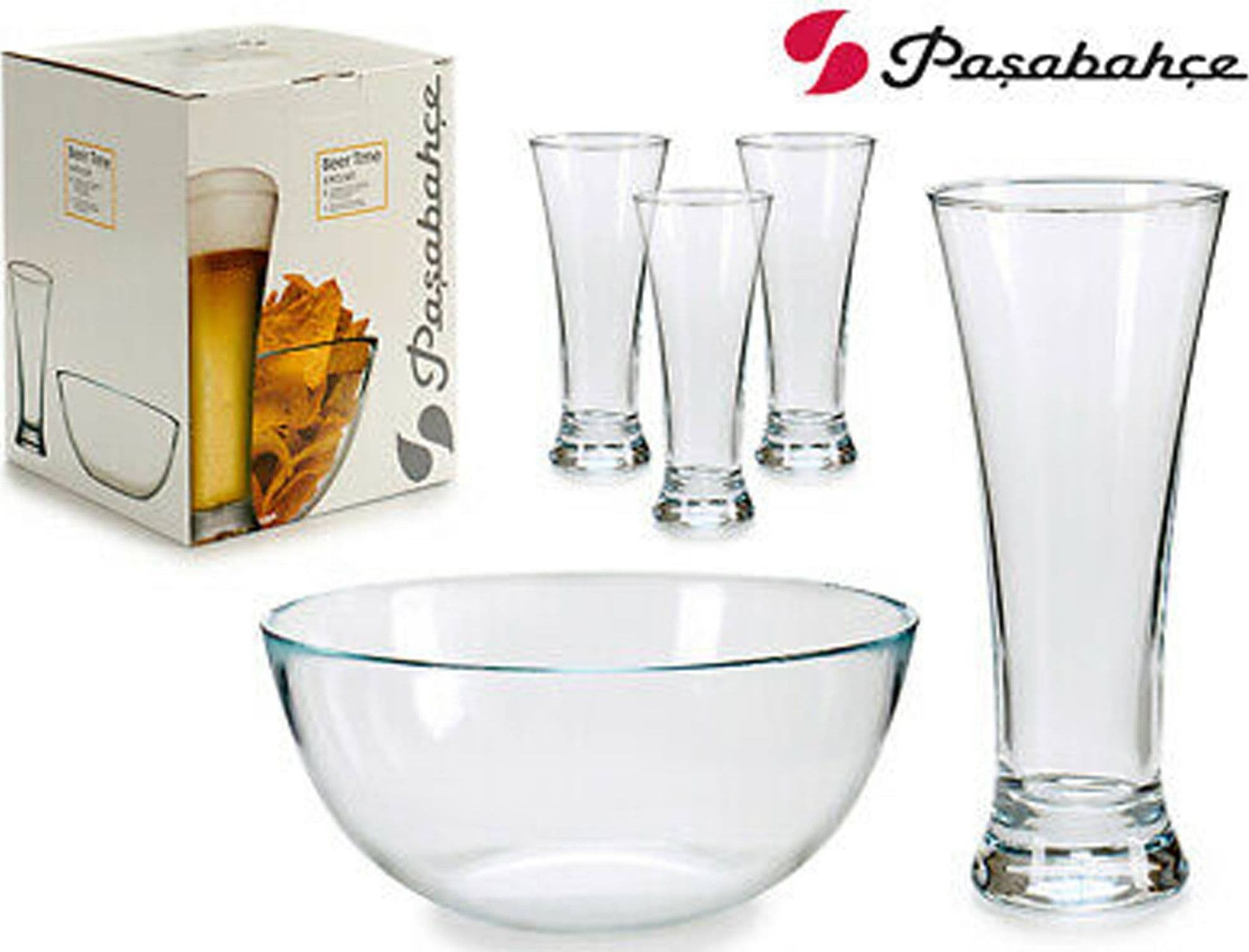 SERVIZIO SET 5 PEZZI CIOTOLA VETRO 22 CM + 4 BICCHIERI BIRRA PUB APERITIVO BAR