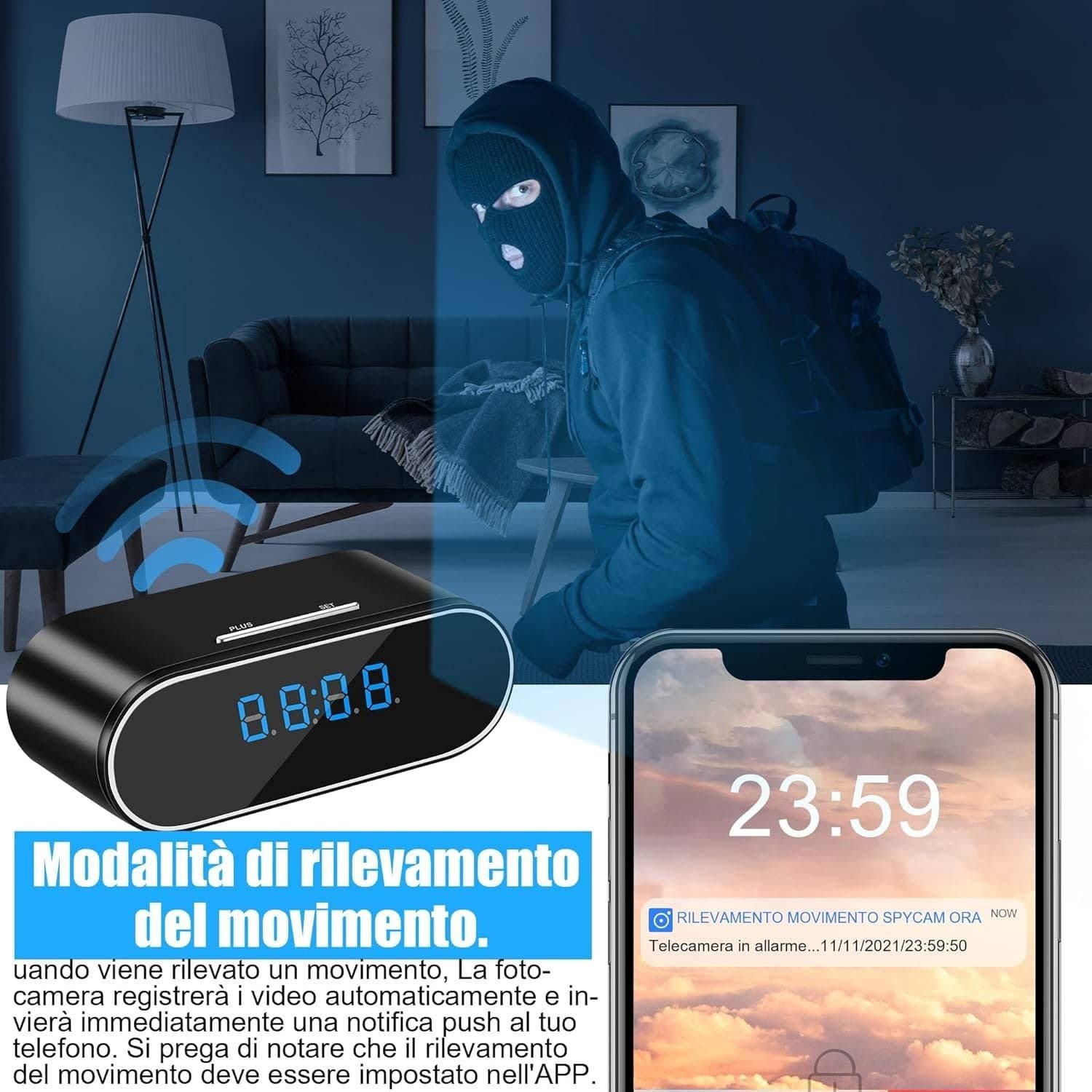 SVEGLIA OROLOGIO CON TELECAMERA SPIA NASCOSTA CON VISIONE NOTTURNA SORVEGLIANZA - 15