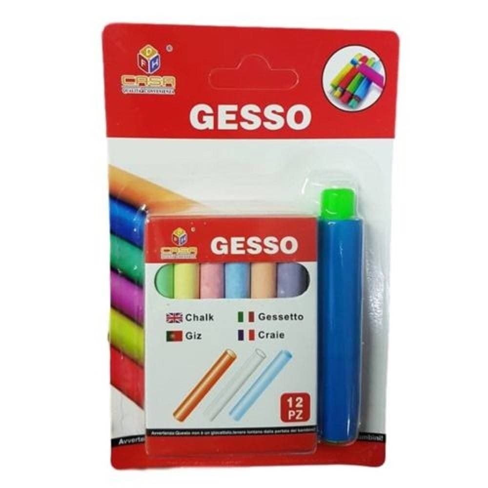 SET 12 PEZZI GESSETTI GESSI COLORATI CON PORTAGESSO SCUOLA LAVAGNA BAMBINI