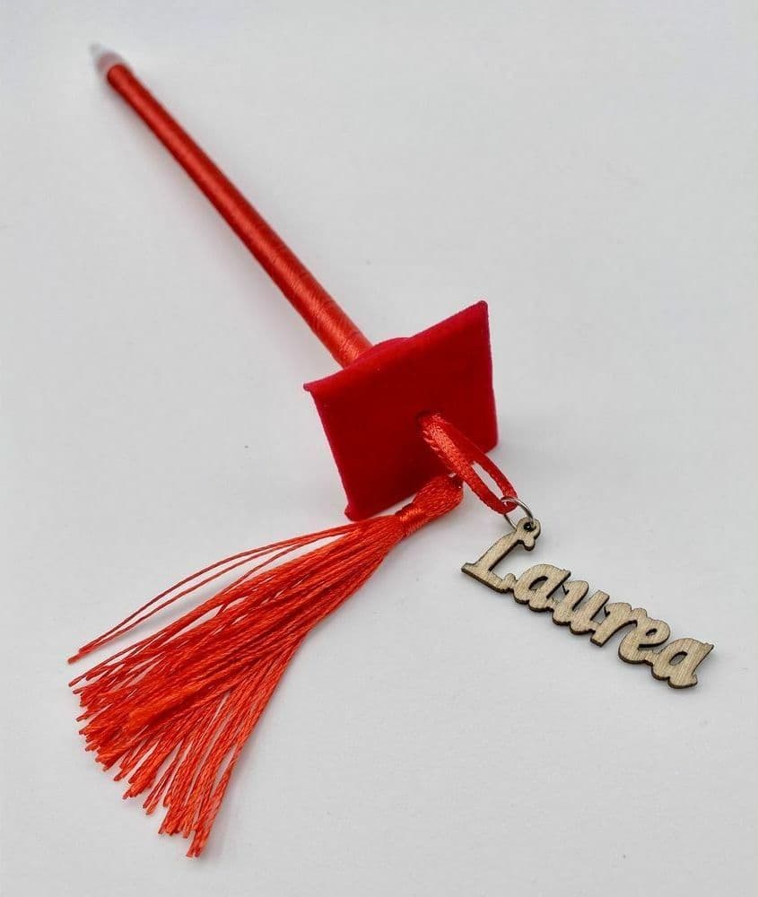 SET 12 BOMBONIERA LAUREA PENNA A SFERA ROSSA ROSSO CON APPLICAZIONE LEGNO TOCCO - 2