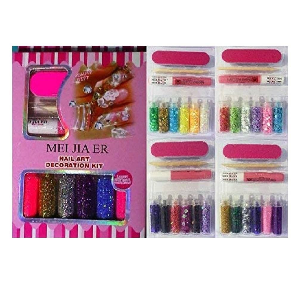 KIT 6PZ DECORAZIONI UNGHIE+LIMA+COLLA+SPINGICUTICOLE GLITTER POLVERINA STRASS NAIL ART