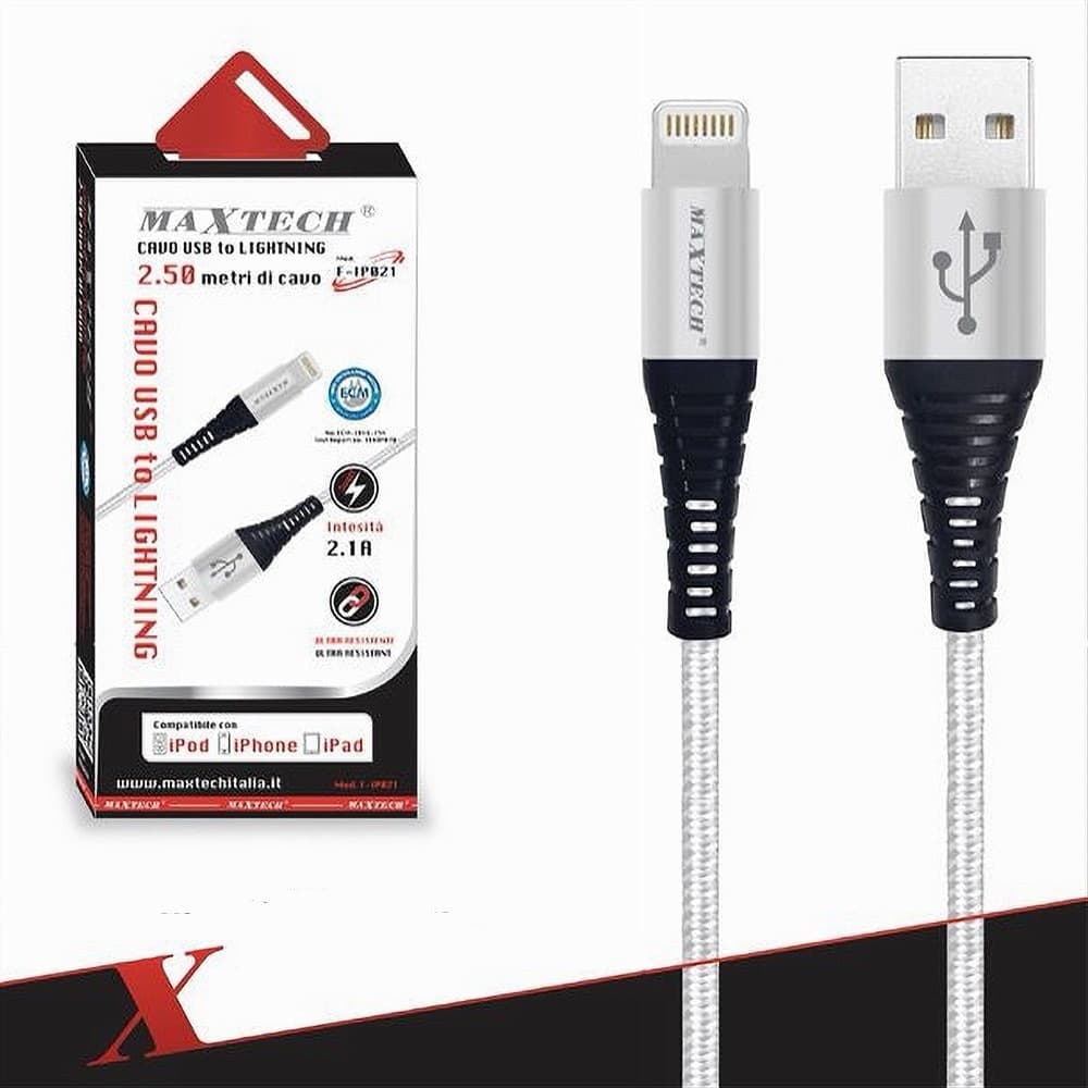 CAVO USB A LIGHTNING PER SMARTPHONE 2.1A 2.5MT TRASMISSIONE DATI MAXTECH F-IP021 - 8