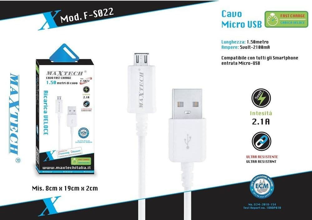 CAVO DATI MICRO USB PER SMARTPHONE CAVETTO DATI RICARICA 1.5MT MAXTECH F-S022 - 4
