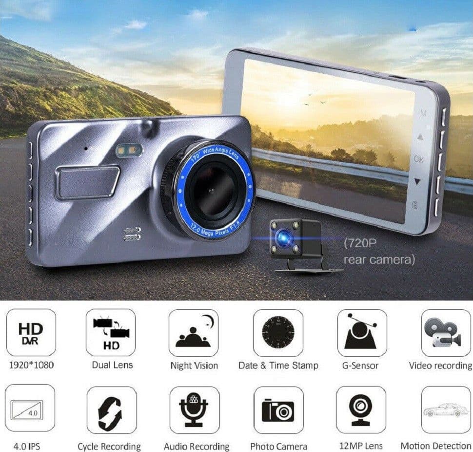 MINI DVR TELECAMERA VIDEOREGISTRATORE PER AUTO 2 TELECAMERE SUPER HD DISPLAY 4" - 2