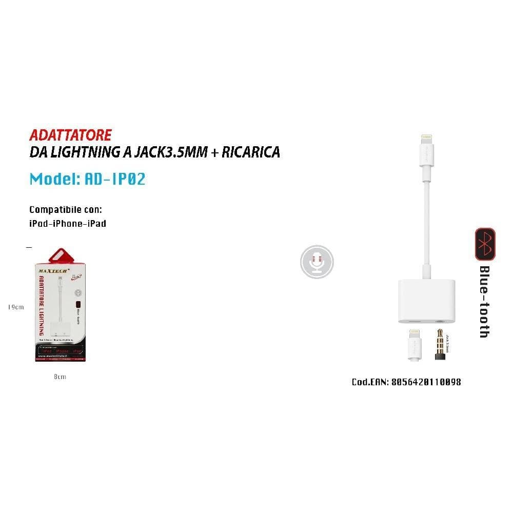 ADATTATORE LIGHTNING JACK 3.5MM RICARICA BLUETOOTH IPOD IPAD MAXTECH AD-IP02 - 2