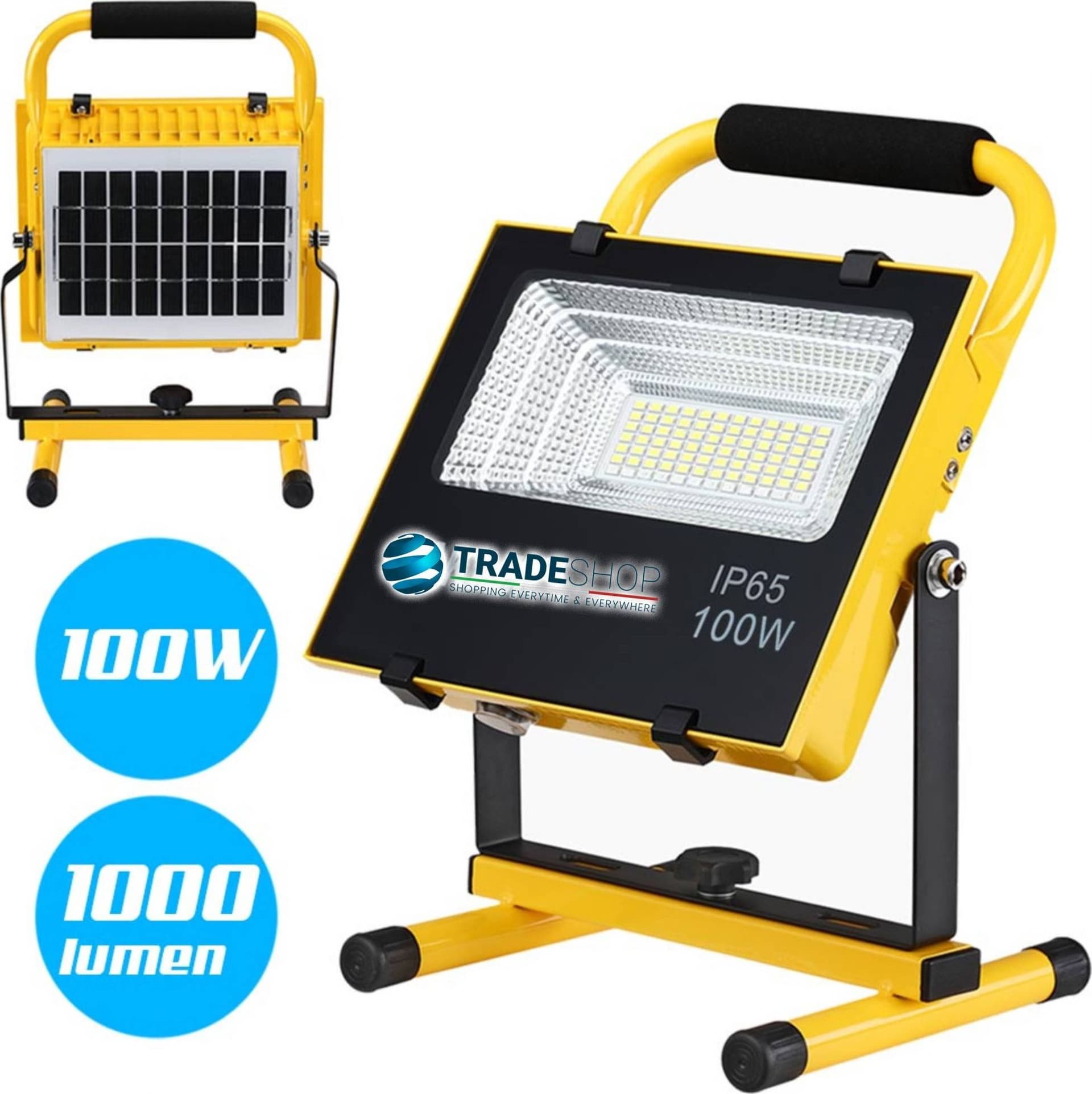 LAMPADA FARO LAVORO PORTATILE CON PANNELLO SOLARE 100W 1000LM LUCE EMERGENZA SOS - 5