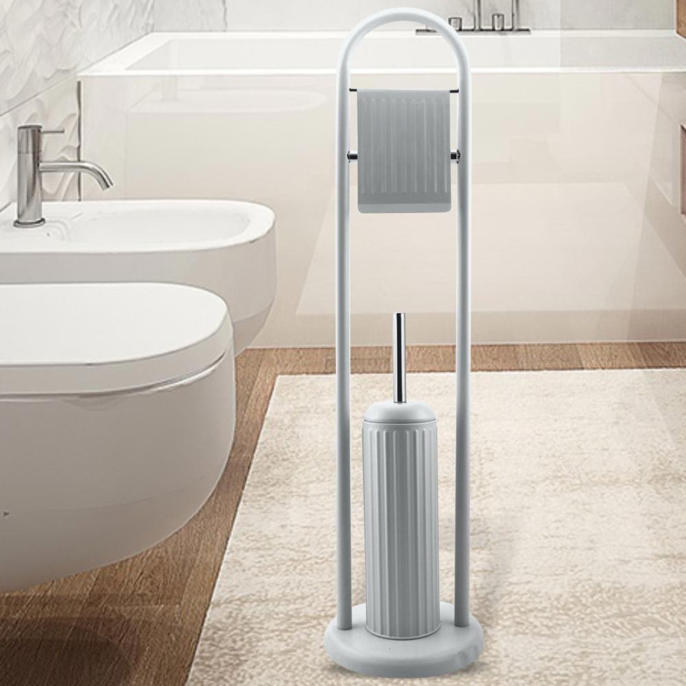 PORTAROTOLO CON SPAZZOLONE PORTA SCOPINO BAGNO LINEAR IN METALLO GRIGIO 22X81 CM - 2