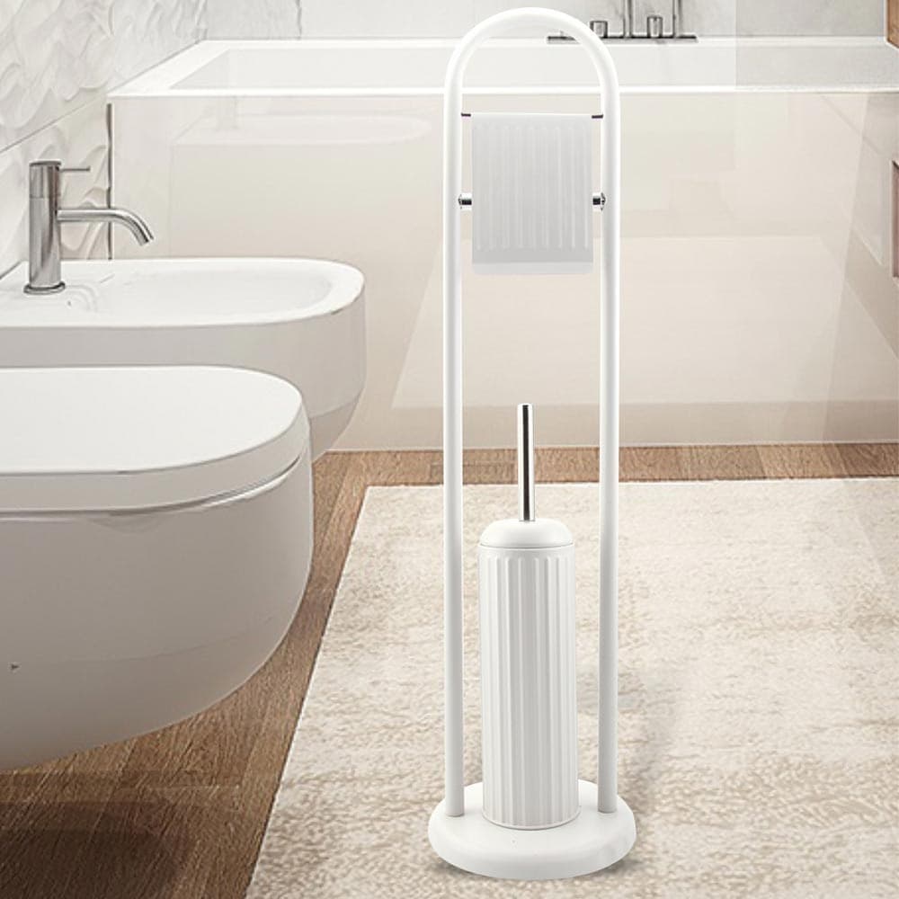 PORTAROTOLO CON SPAZZOLONE PORTA SCOPINO BAGNO LINEAR IN METALLO BIANCO 22X81CM - 2