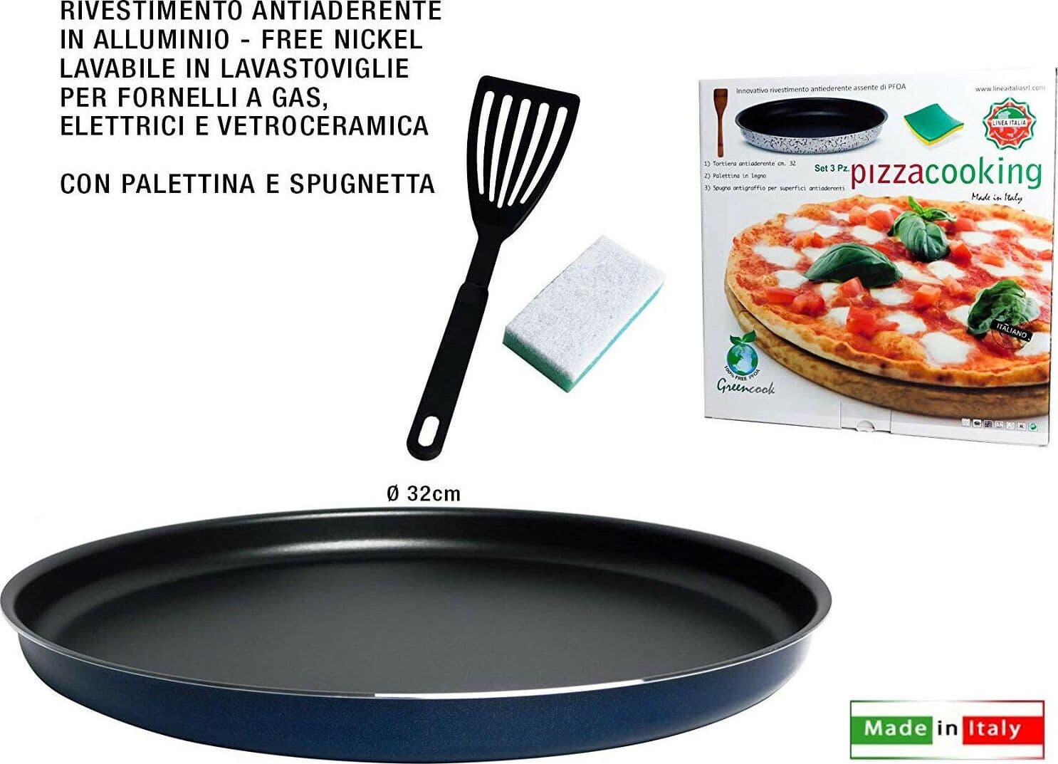 KIT 3 PZ PER PIZZA FATTA IN CASA COMPOSTO DA TEGLIA DA 32CM PALETTA E SPUGNETTA - 2