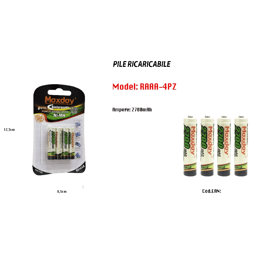 4 PILE AAA BATTERIE RICARICABILI MINI STILO 2700 MAH MINISTILO UNIVERSALI PILA - 2