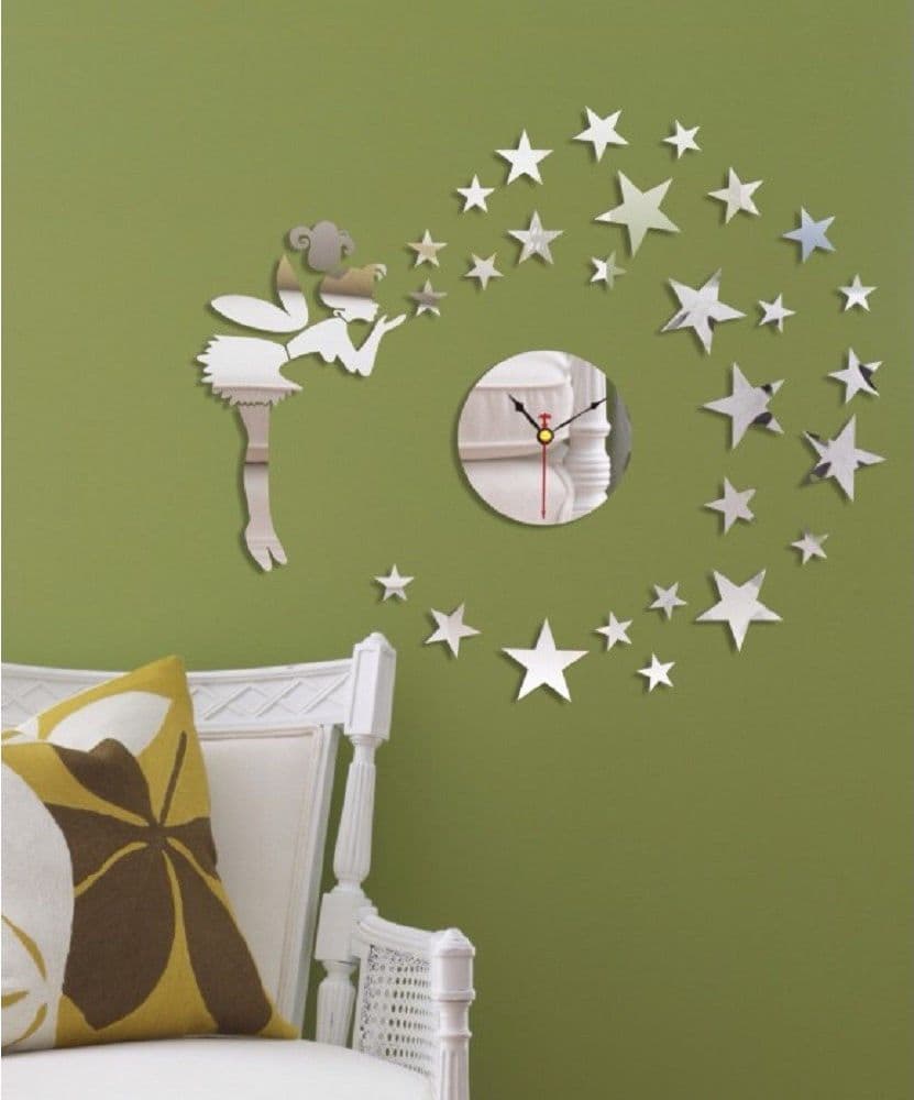 OROLOGIO ADESIVO FATA STELLE 3D EFFETTO SPECCHIO DA PARETE CASA MODERNA DECORAZIONE - 2