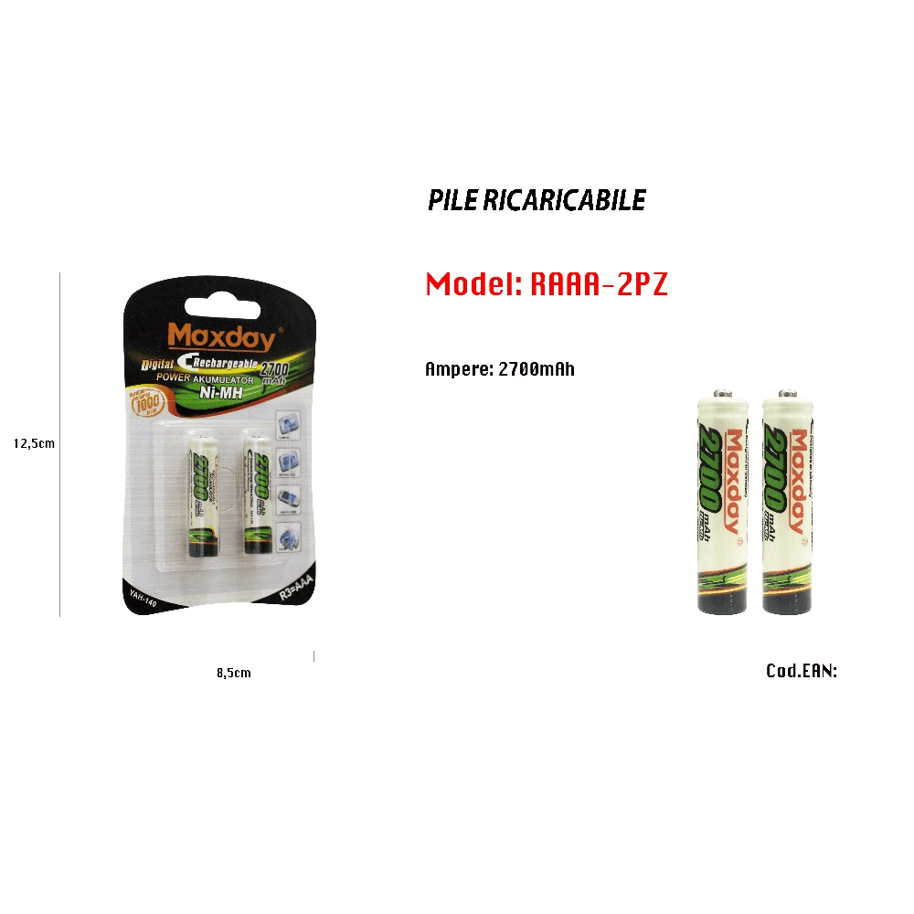 2 PILE AAA 2700 MAH BATTERIE MINI STILO RICARICABILI PILA TELECOMANDI MACCHINE - 2