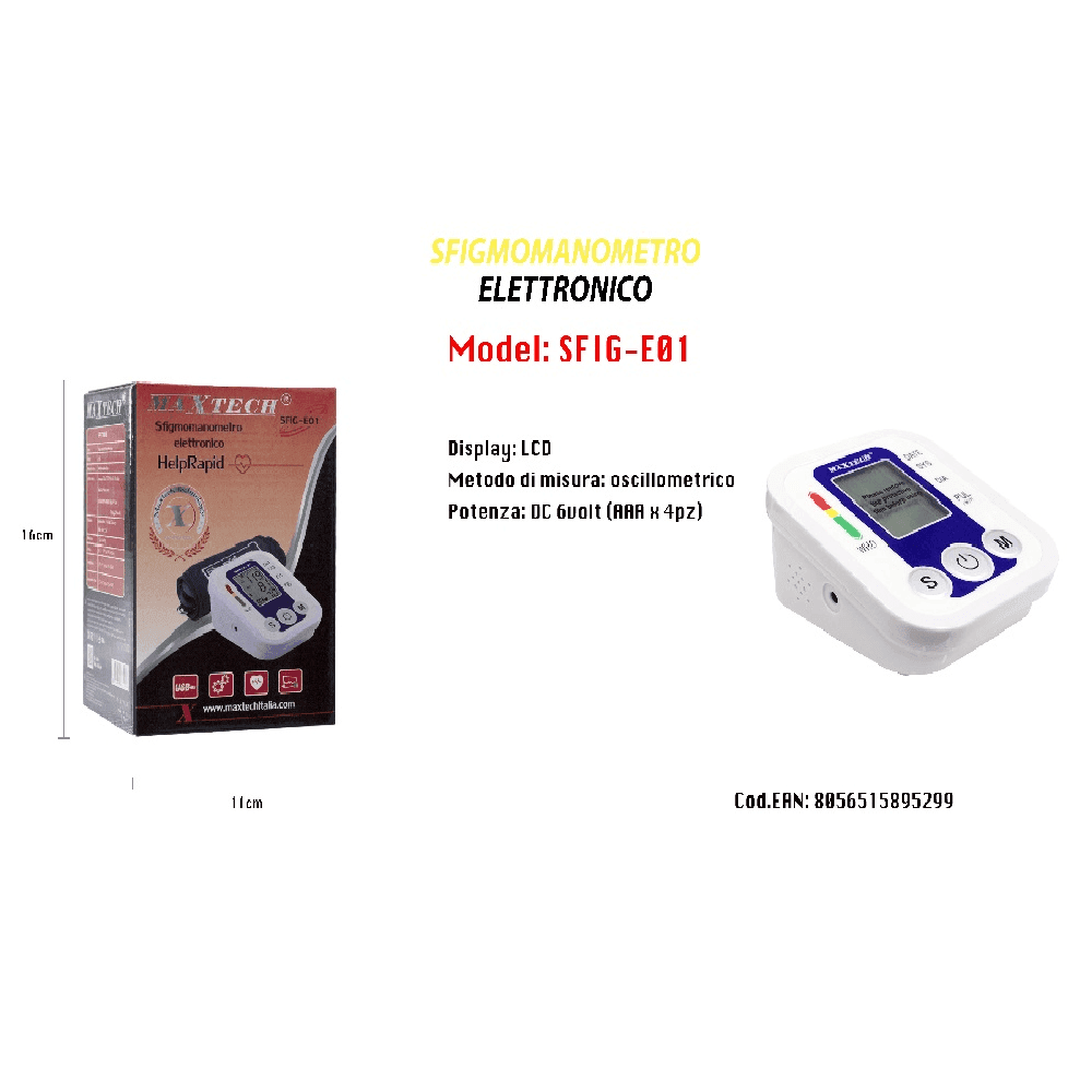 MISURATORE PRESSIONE ARTERIOSA SFIGMOMANOMETRO PORTATILE DISPLAY MAXTECH SFIG-E01