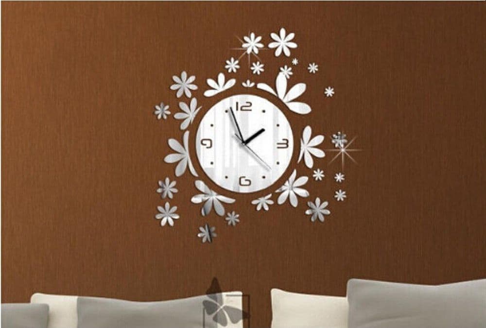 OROLOGIO DA PARETE MODERNO ADESIVO 3D CON FIORI ERBA A MURO EFFETTO SPECCHIO - 2