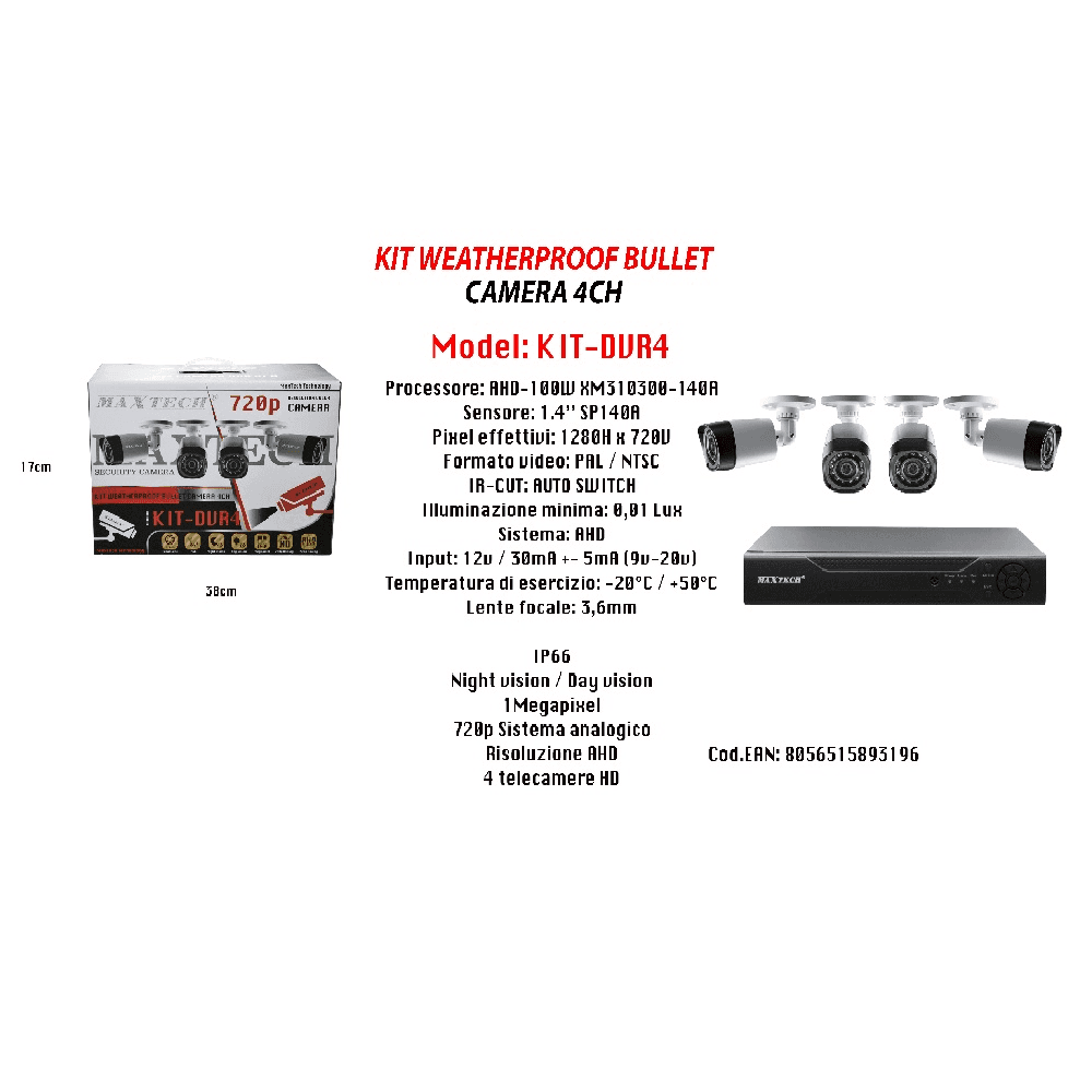 KIT TELECAMERE DI SICUREZZA DVR 4 CANALI 720P VIDEOSORVEGLIANZA MAXTECH KIT-DVR4 - 2