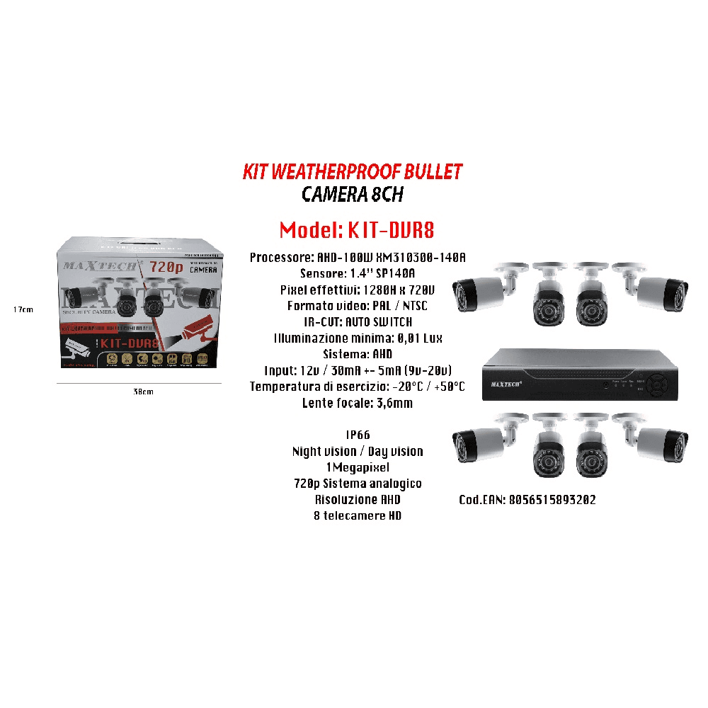 KIT TELECAMERE DI SICUREZZA DVR 8 CANALI VIDEOSORVEGLIANZA 720P MAXTECH KIT-DVR8 - 2