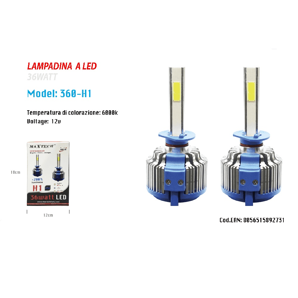COPPIA LAMPADE LED AUTO FARI H1 MOTO KIT LAMPADINE 36W 6000K FARO MAXTECH 360-H1 - 3