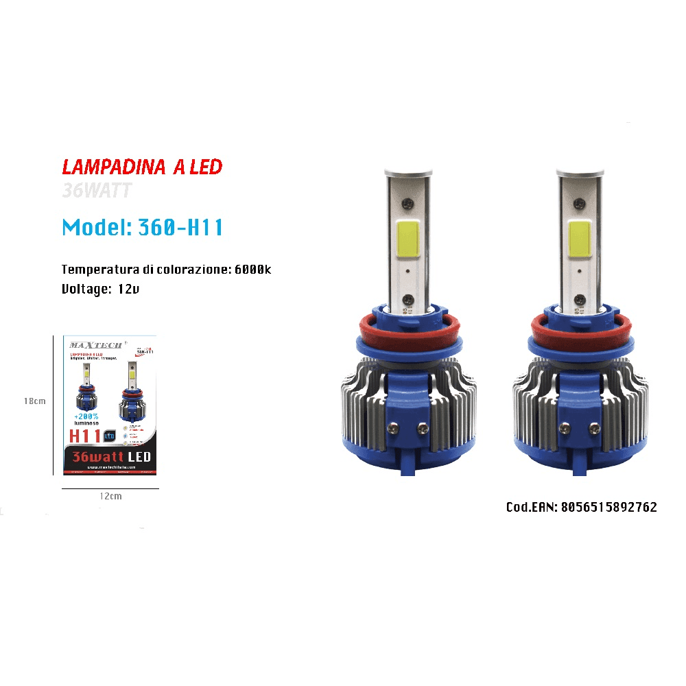 COPPIA LAMPADINE LED AUTO FARO MACCHINA H11 LUCE BIANCA 6000K 360° MAXTECH 360-H11 - 2