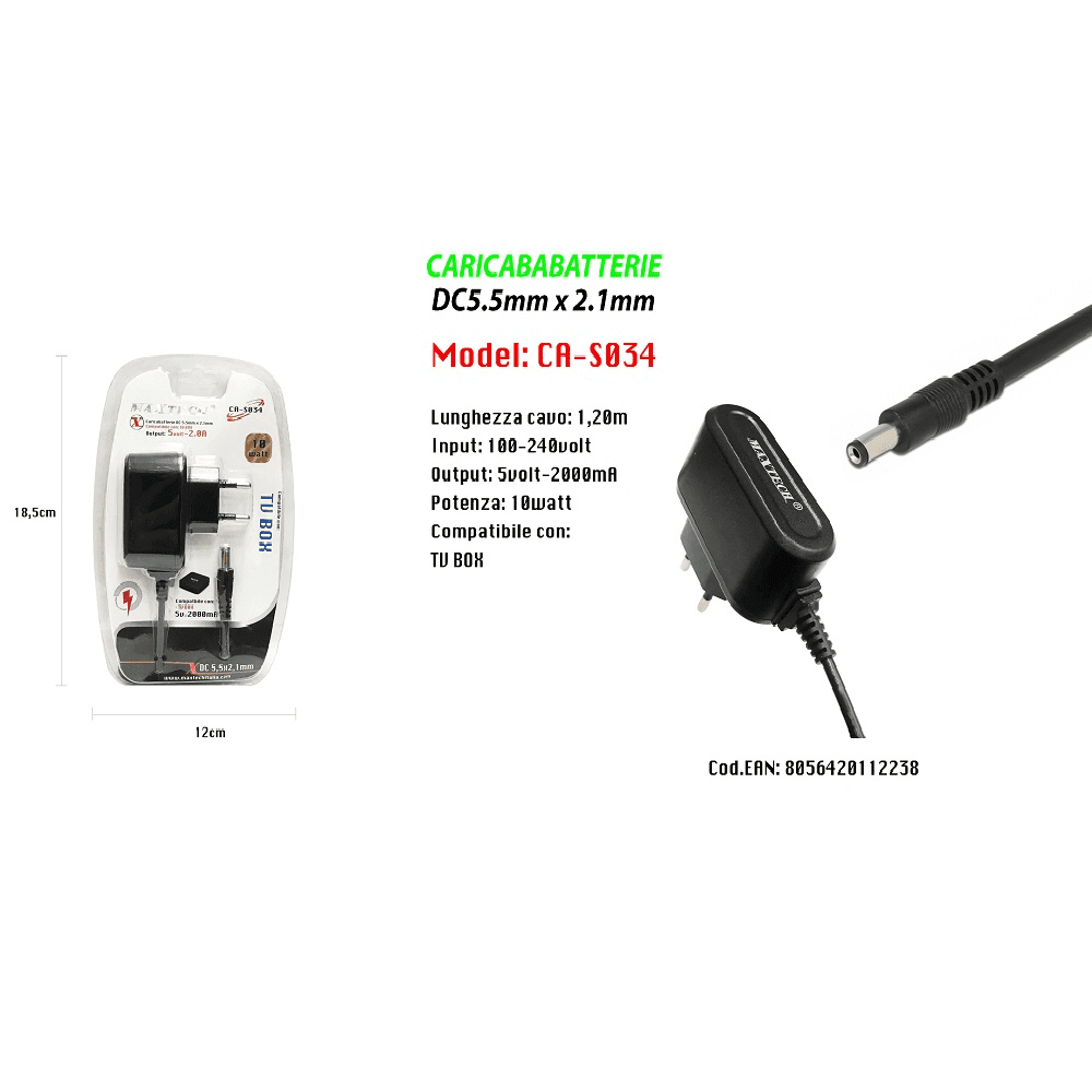 CARICABATTERIE ALIMENTATORE 5V 2000MA COMPATIBILE CON TV BOX 10W MAXTECH CA-S034 - 2