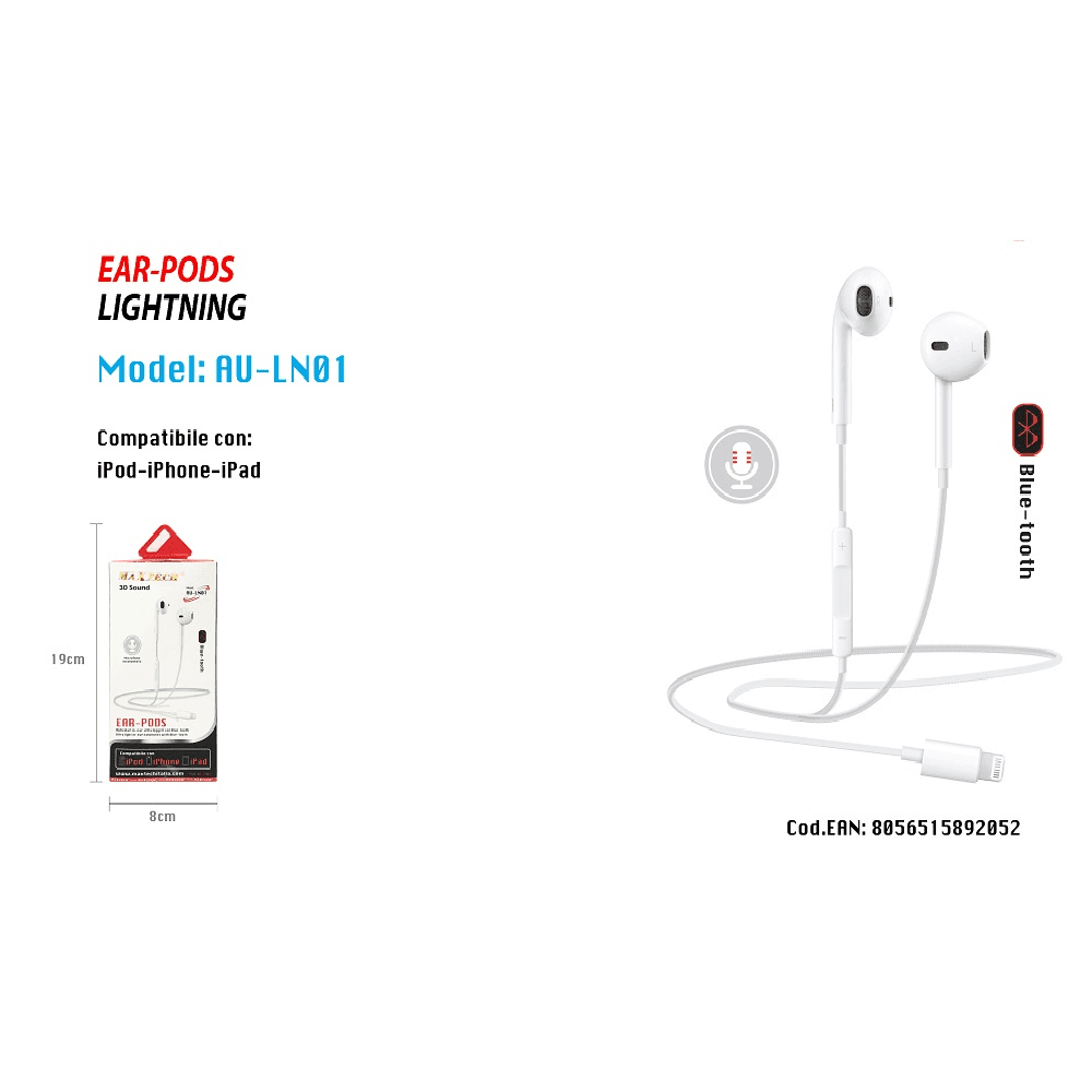 AURICOLARI CUFFIE CON CONNETTORE LIGHTNING PER IPHONE IPAD IPOD MAXTECH AU-LN01 - 5