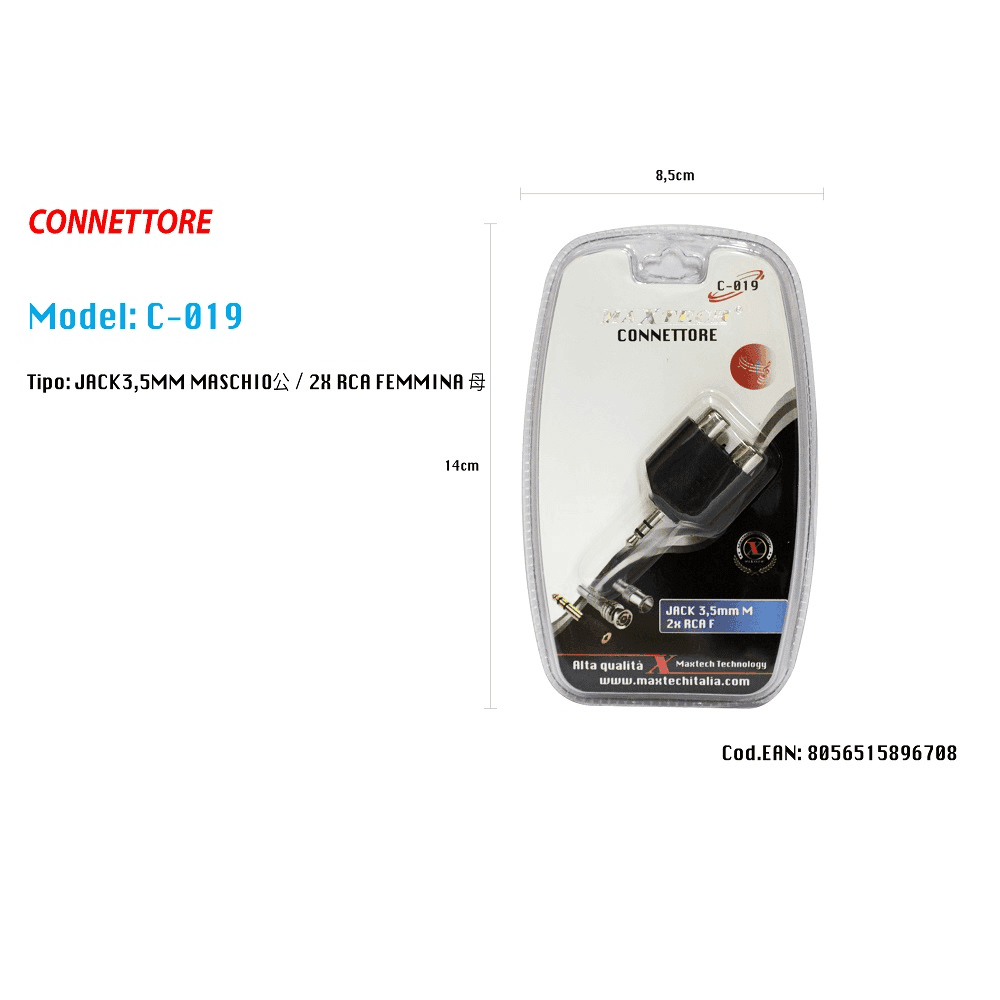 ADATTATORE AUDIO STEREO JACK 3.5 MM MASCHIO A 2 RCA FEMMINA AUDIO MAXTECH C-019 - 2