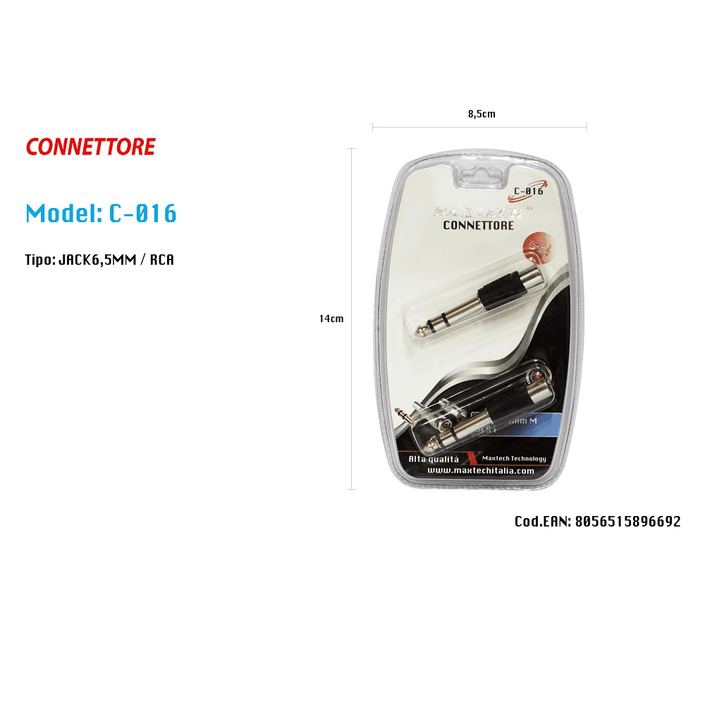 CONNETTORE JACK 6.5MM MASCHIO SPINA A RCA FEMMINA AUDIO ADATTATORE MAXTECH C-016 - 2
