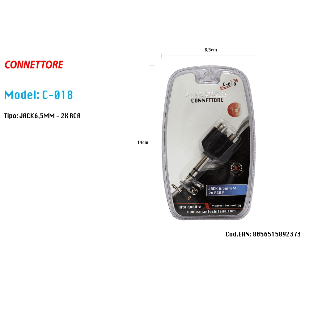 CONNETTORE ADATTATORE 1 JACK 6,5MM SPINA MASCHIO–2 RCA FEMMINA STEREO MAXTECH C-018 - 2