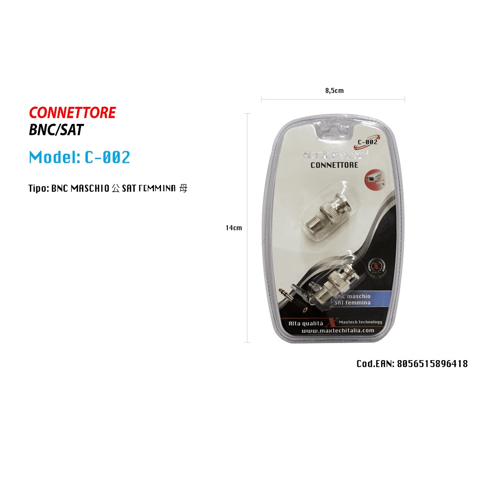 CONNETTORE ADATTATORE MASCHIO BNC / PRESA SAT FEMMINA TELECAMERE MAXTECH C-002 - 2