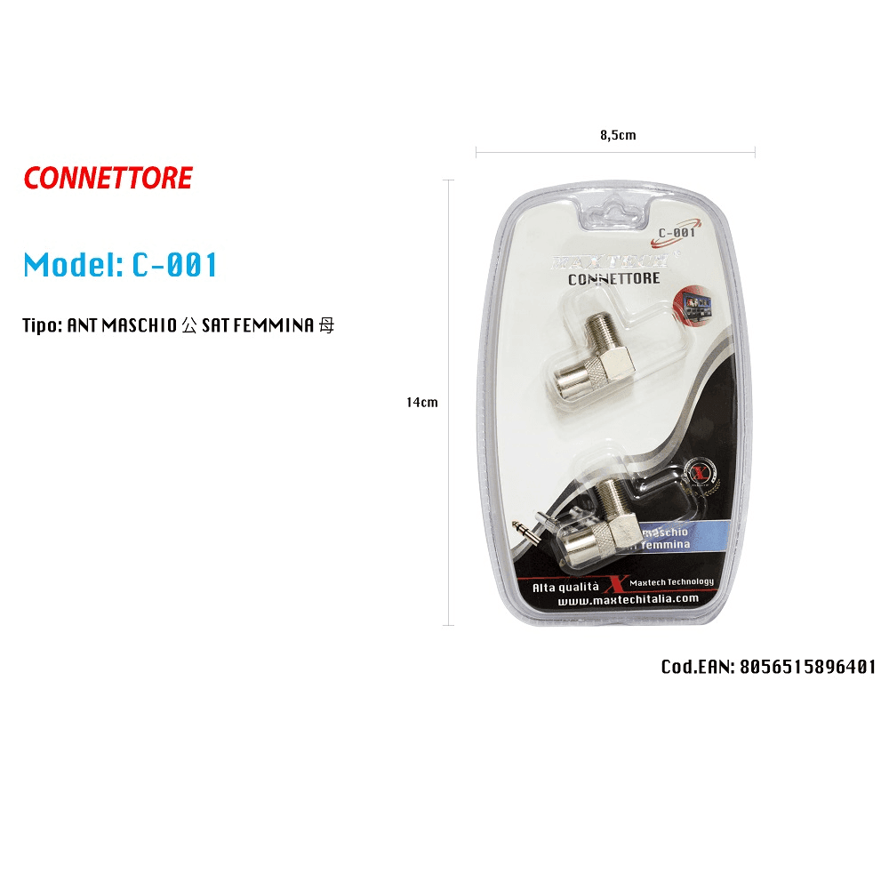 CONNETTORE ADATTATORE ANGOLO 90° MASCHIO-FEMMINA ANTENNA SATELLITARE TV MAXTECH C-001 - 2