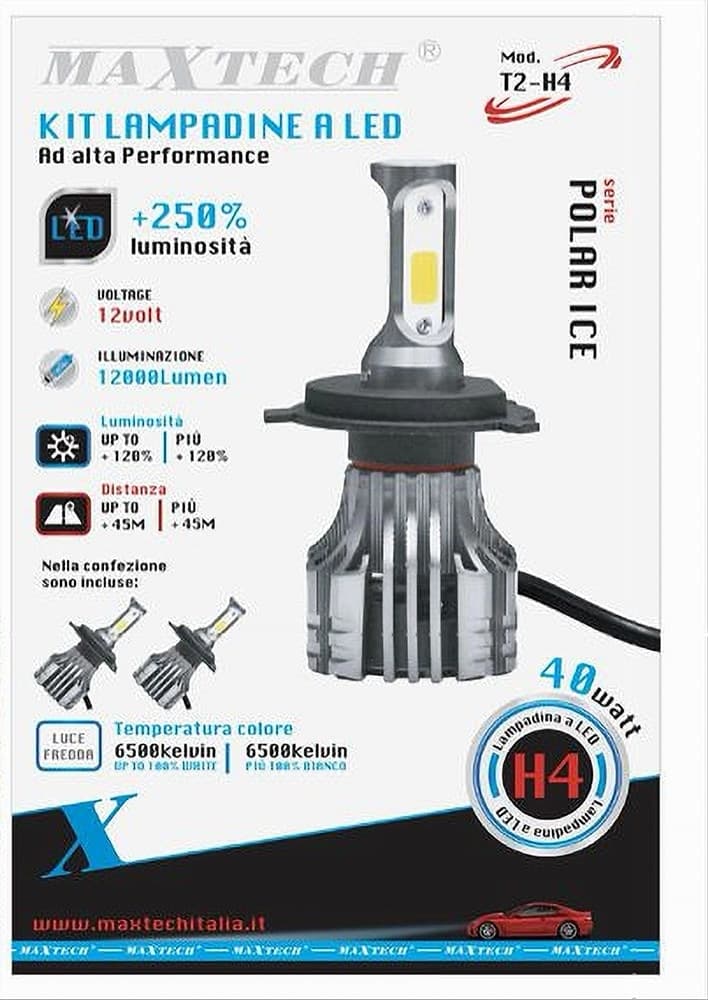 COPPIA LAMPADINE LED H4 AUTO LUCE BIANCA 6500K 12000LM ATTACCO 40W MAXTECH T2-H4 - 2