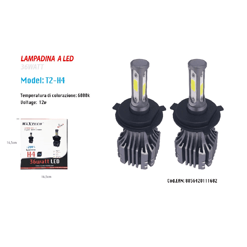 COPPIA LAMPADINE LED H4 AUTO LUCE BIANCA 6500K 12000LM ATTACCO 40W MAXTECH T2-H4 - 3