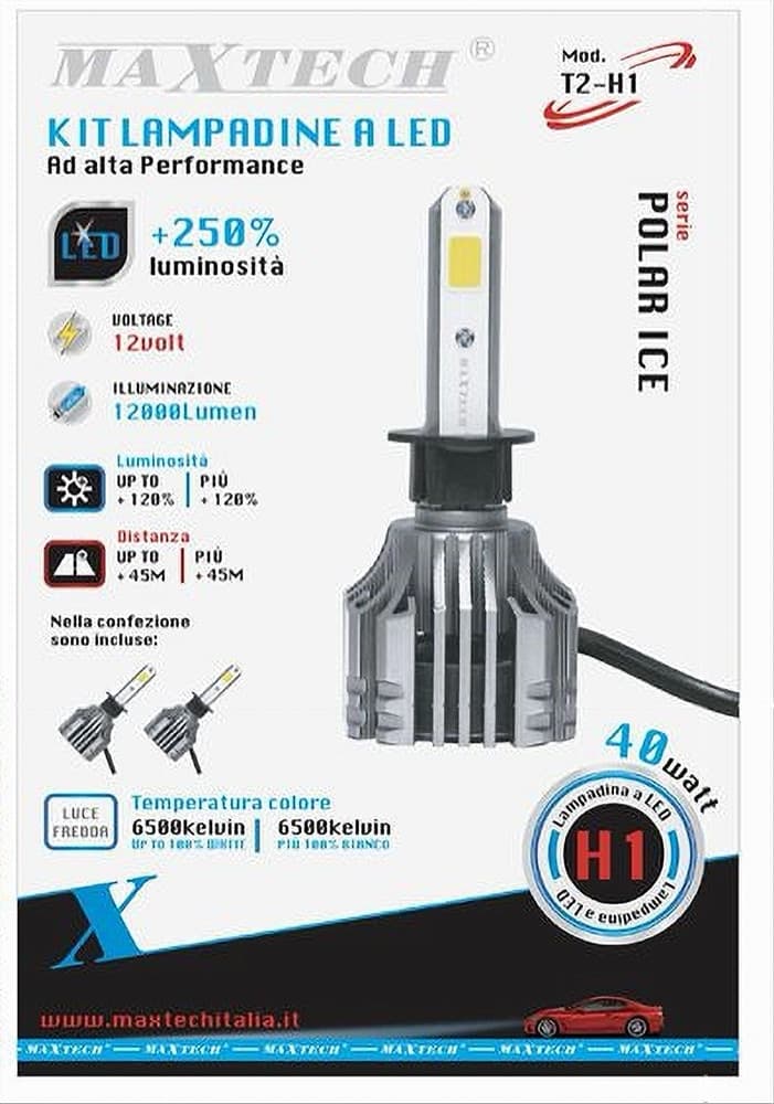 COPPIA LAMPADINE LED H1 AUTO LUCE BIANCA 6500K 12000LM ATTACCO 40W MAXTECH T2-H1 - 2