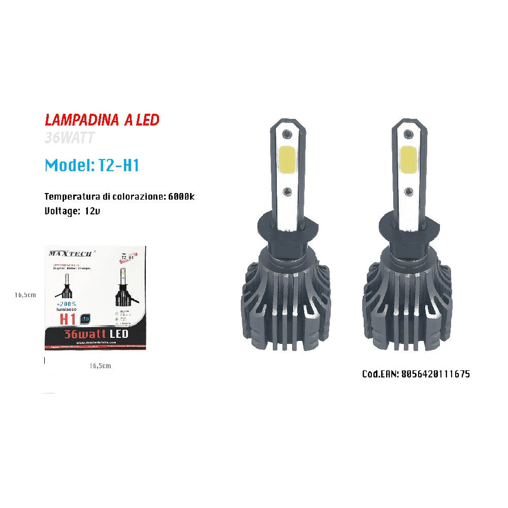 COPPIA LAMPADINE LED H1 AUTO LUCE BIANCA 6500K 12000LM ATTACCO 40W MAXTECH T2-H1 - 3