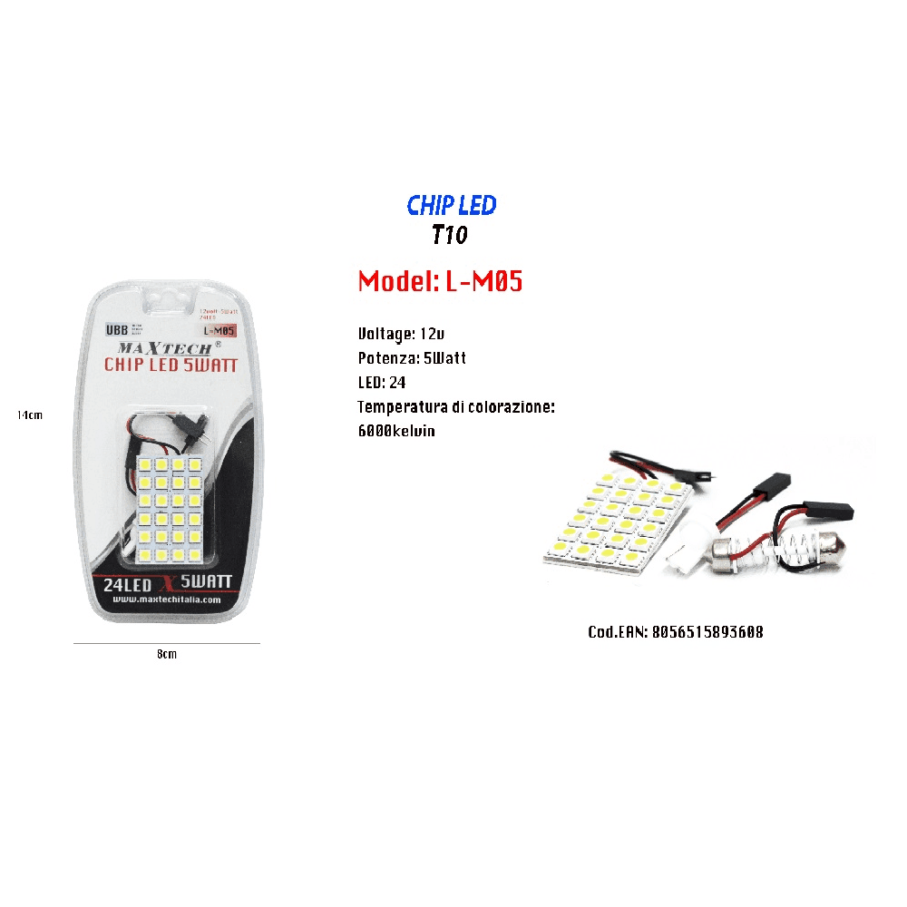 CHIP LED 24 LED PER INTERNI AUTO LUCE FREDDA 6000K 5 WATT 12 V T10 MAXTECH L-M05 - 2