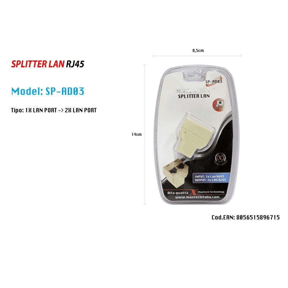 SPLITTER LAN RETE SDOPPIATORE RJ45 1 A 2 PORTE CONNETTORE ETHERNET MAXTECH SP-AD03 - 2