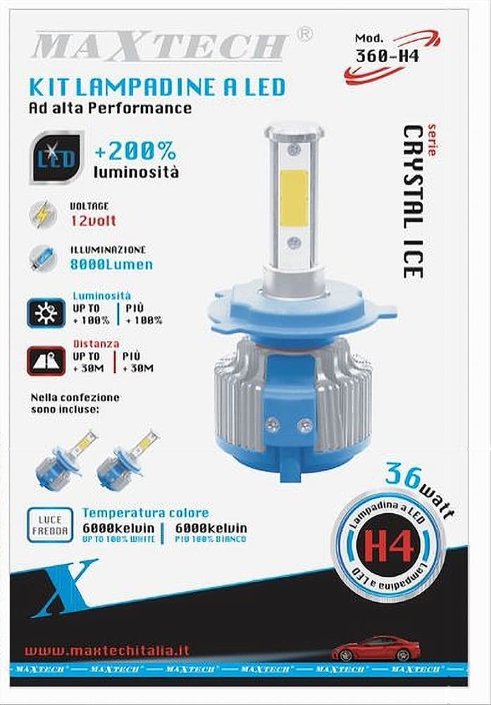 COPPIA LAMPADE LED RICAMBIO AUTO H4 LED 8000 LUMEN 6000K 12V 36W MAXTECH 360-H4 - 2