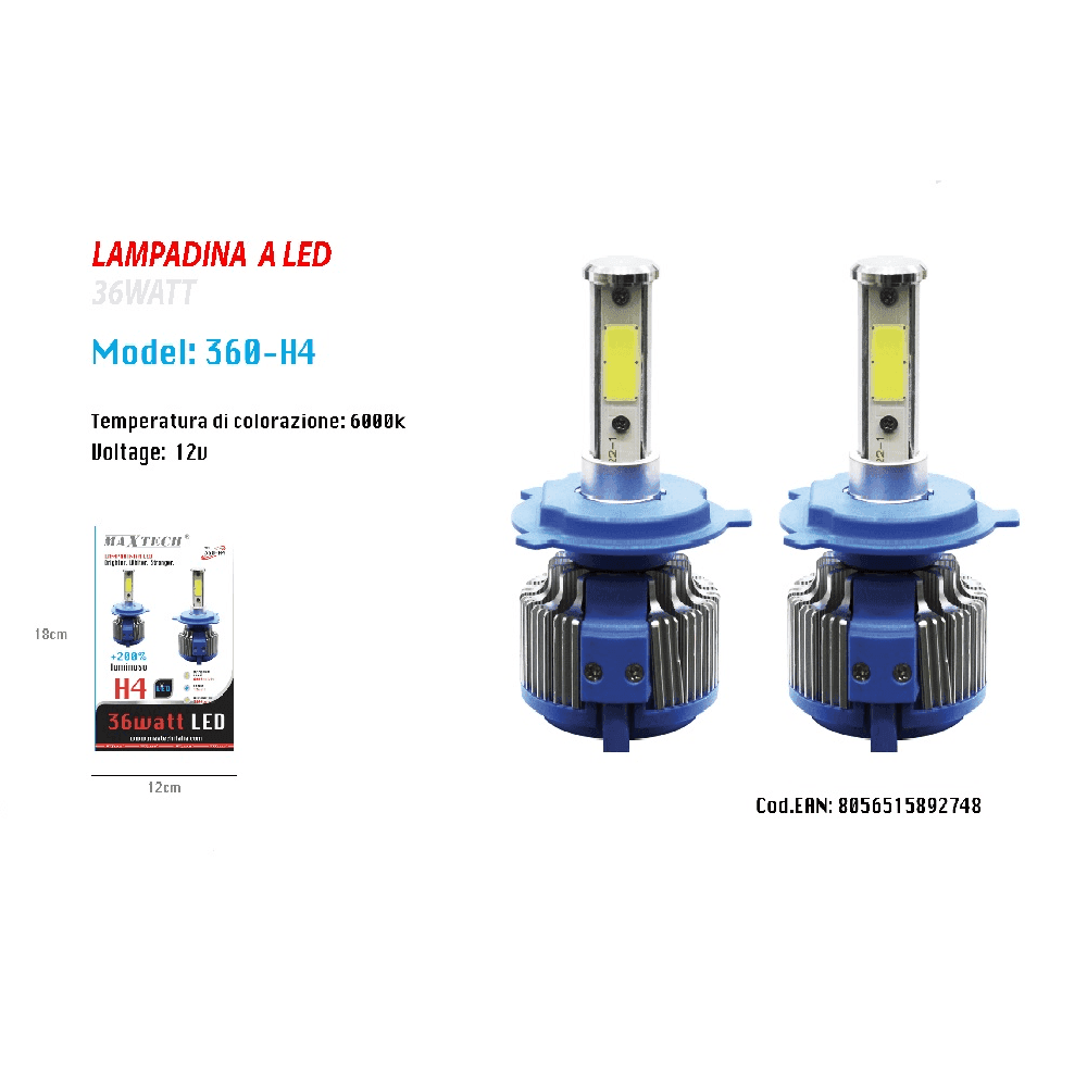 COPPIA LAMPADE LED RICAMBIO AUTO H4 LED 8000 LUMEN 6000K 12V 36W MAXTECH 360-H4 - 3