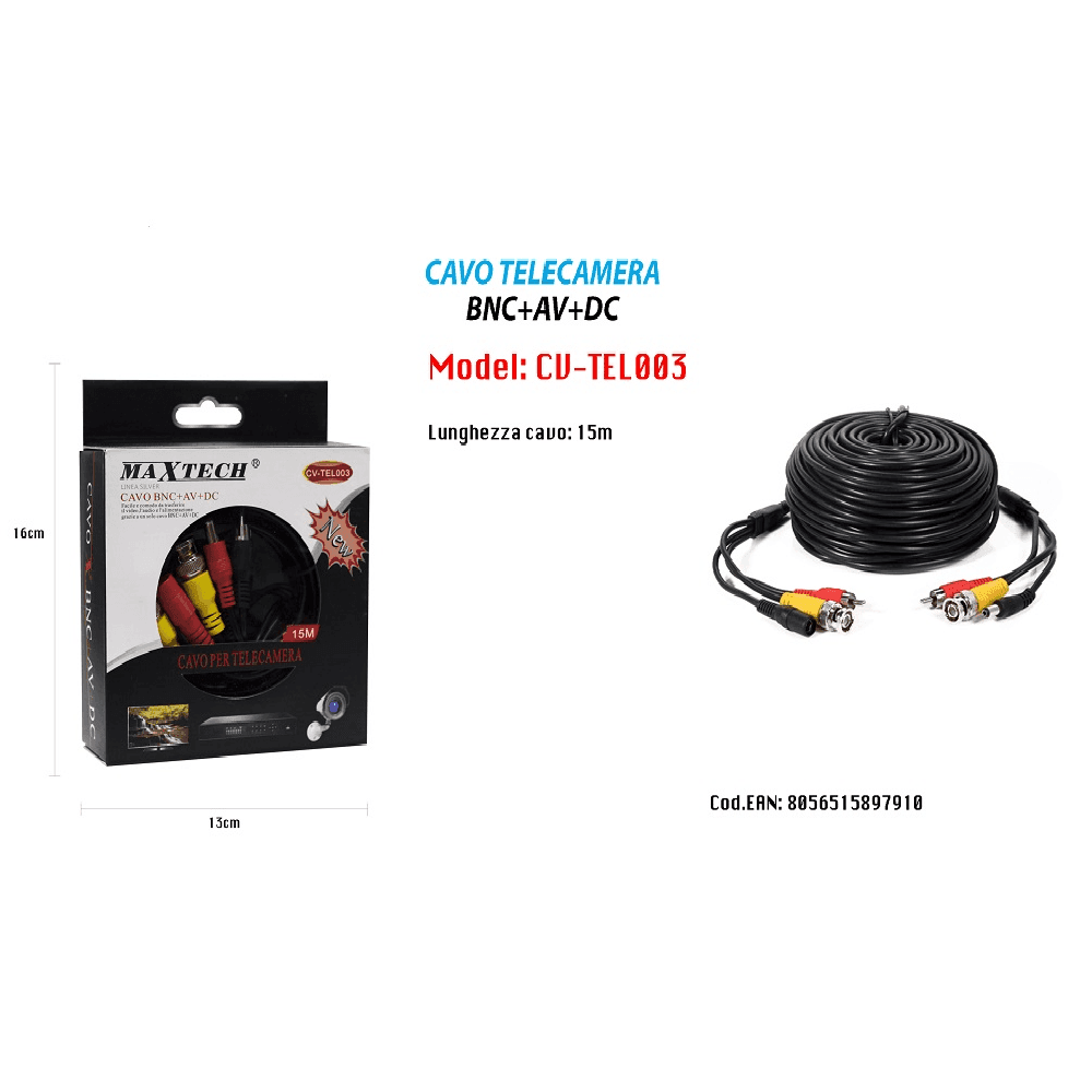 CAVO BNC TELECAMERE VIDEOSORVEGLIANZA ALIMENTAZIONE 15 MT MAXTECH CV-TEL003 - 2
