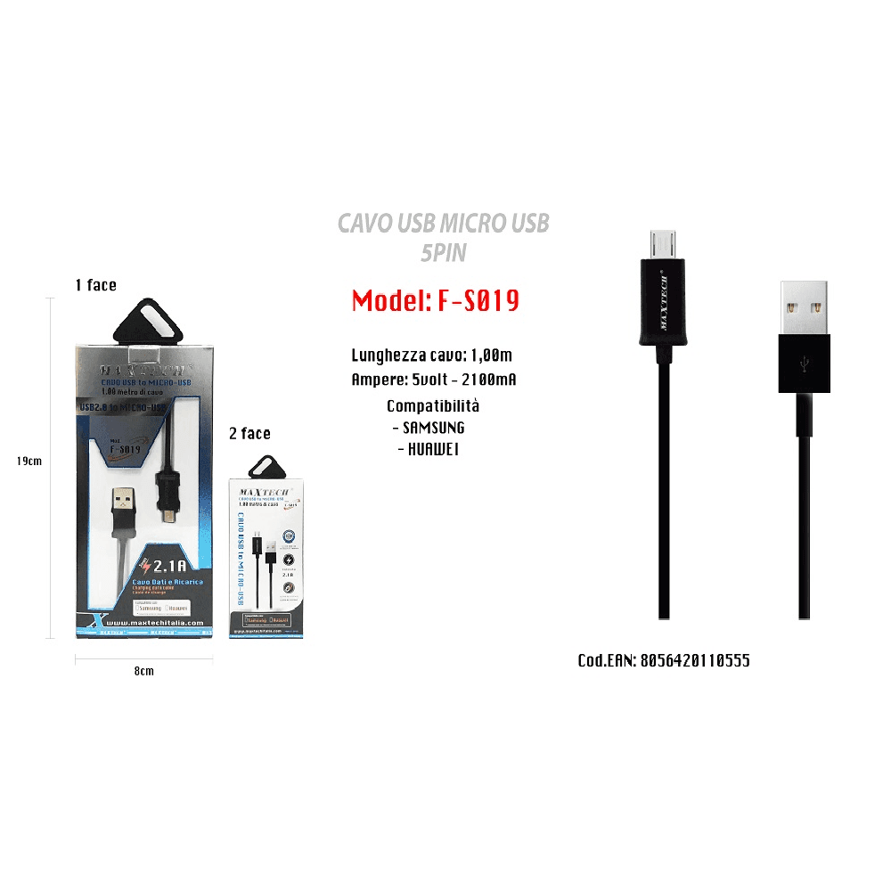 CAVO MICRO USB 5PIN SMARTPHONE SAMSUNG HUAWEI CAVETTO DI RICARICA MAXTECH F-S019 - 2