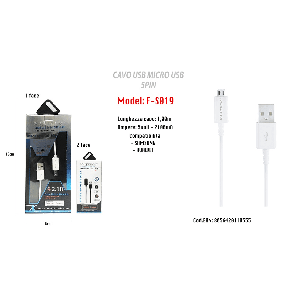 CAVO MICRO USB 5PIN SMARTPHONE SAMSUNG HUAWEI CAVETTO DI RICARICA MAXTECH F-S019 - 4