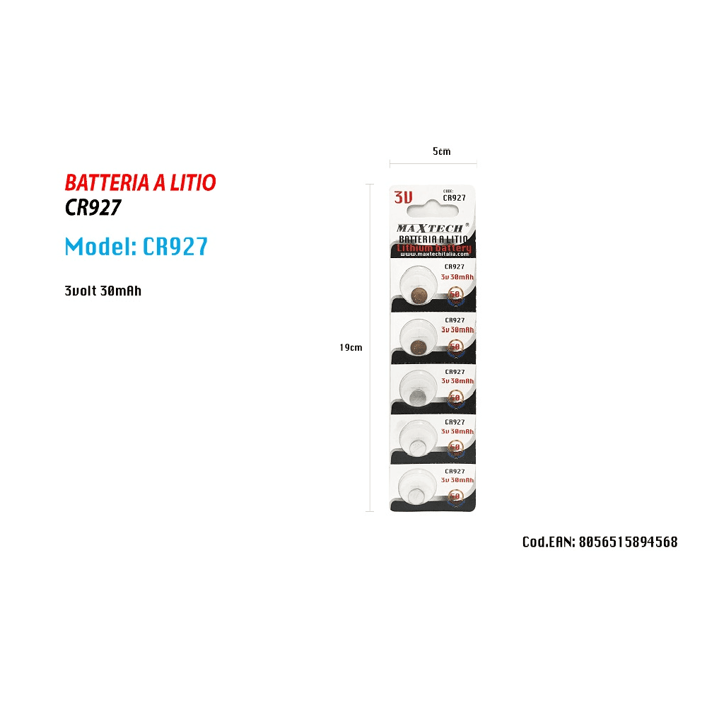 BATTERIA A BOTTONE CR927 A LITIO PILE MAXTECH CR927 30MAH 3 VOLT 5PZ PER OROLOGI - 2