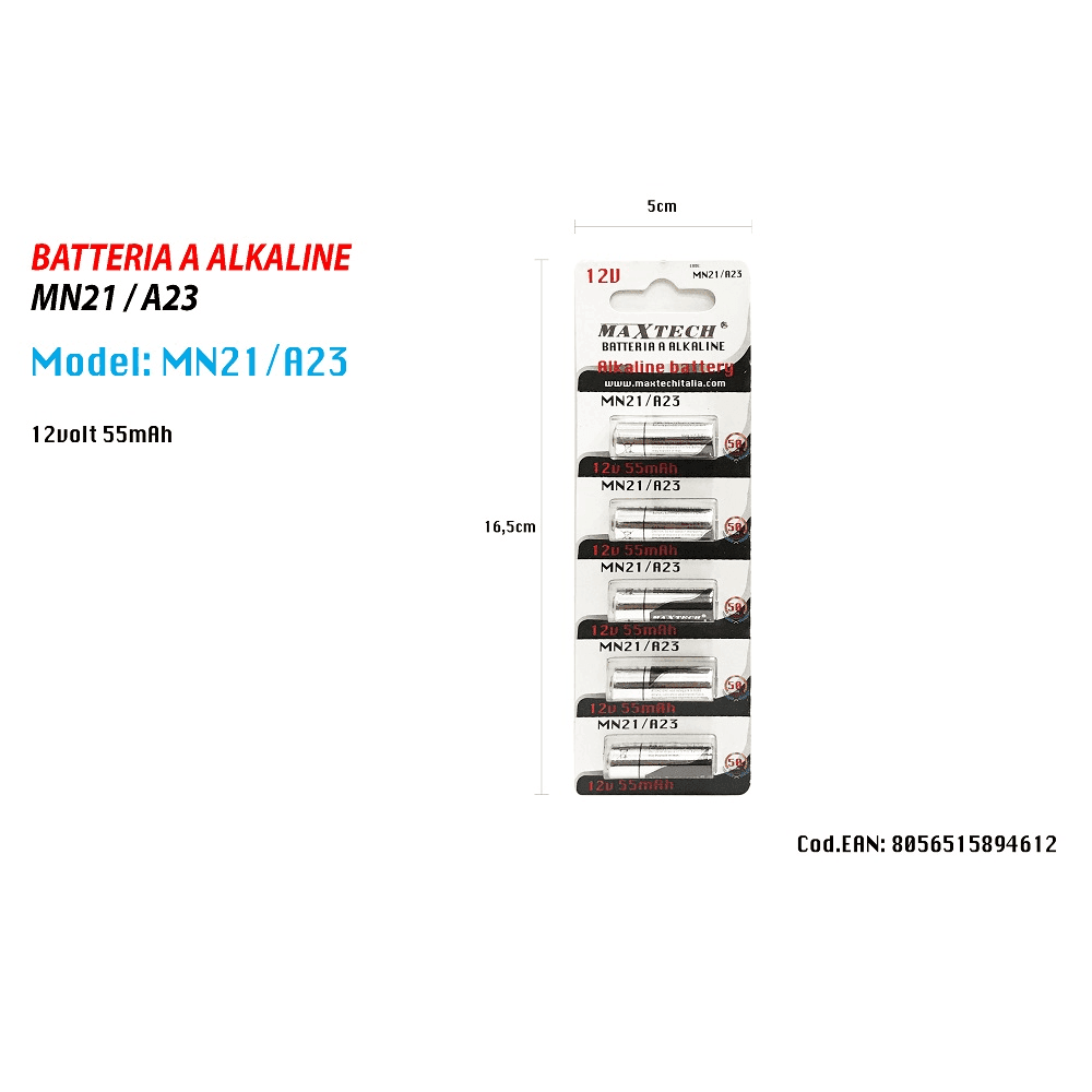 5 PILE BATTERIE ALKALINE MN21/A23 12V 55 MAH ALCALINA PER TELECOMANDO MAXTECH - 2