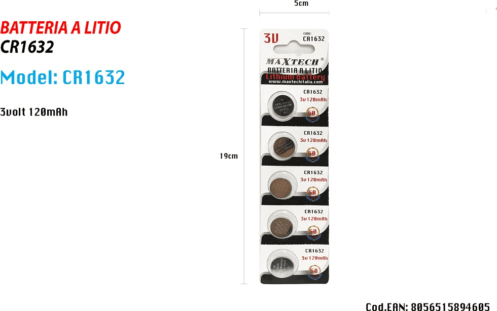 5 BATTERIE BATTERIA CR1632 3V 120MAH PILE A BOTTONE PER OROLOGI TELECOMANDI MAXTECH - 2