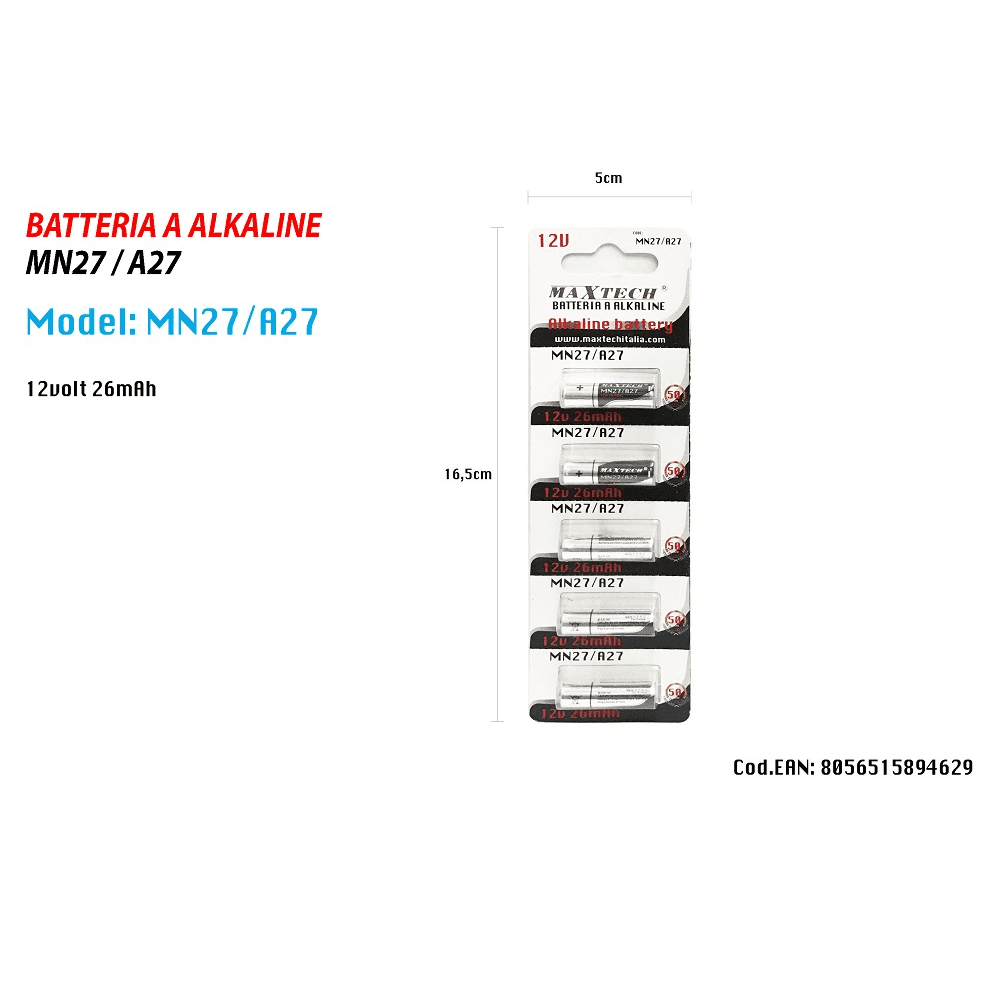 5 PILE BATTERIA ALKALINE MN27/A27 12V PILA ALCALINA 26MAH PER TELECOMANDO MAXTECH - 2