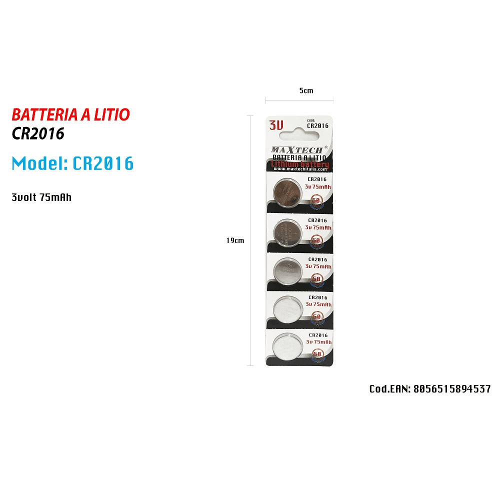 5 BATTERIE PILE CR2016 3V 75MAH BATTERIA A BOTTONE PER OROLOGI TELECOMANDI MAXTECH - 2