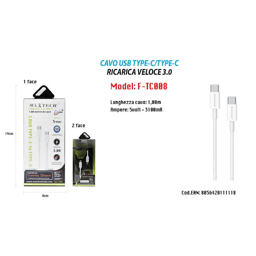 CAVO USB TYPE-C A USB TYPE-C 3.0 1MT COMPATIBILE SAMSUNG HUAWEI MAXTECH F-TC008 - 2