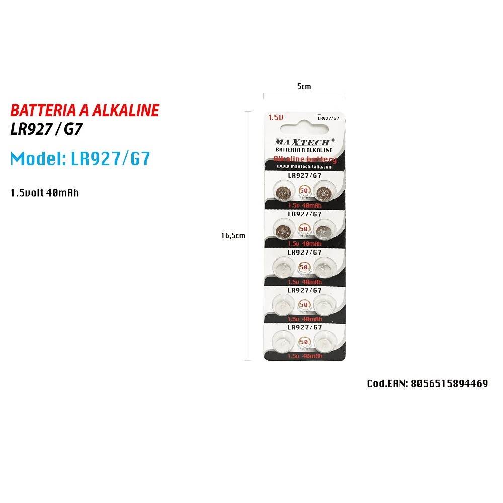 BATTERIE ALKALINE LR927/G7 1.5V 40MAH PILE BOTTONE OROLOGI TELECOMANDI MAXTECH - 2