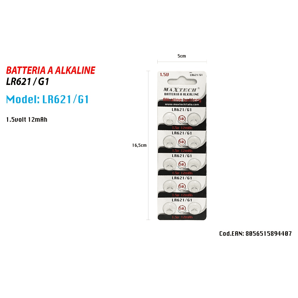 PILE ALKALINE LR621/G1 1.5V 12MAH BATTERIE BOTTONE TELECOMANDI OROLOGI MAXTECH - 2