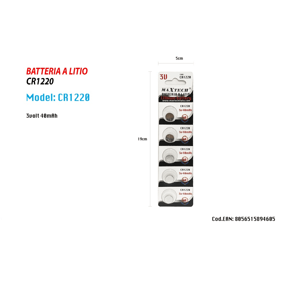 5 PILE CR1220 3V BATTERIA A BOTTONE PER OROLOGI TELECOMANDI APPARECCHI MAXTECH - 2