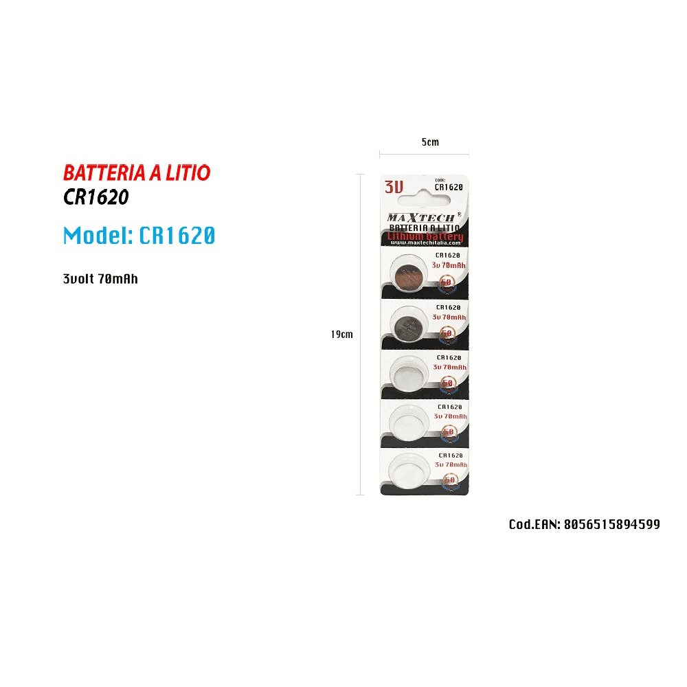 5 BATTERIE PILE A BOTTONE CR1620 3V PER OROLOGI TELECOMANDI APPARECCHI MAXTECH - 2